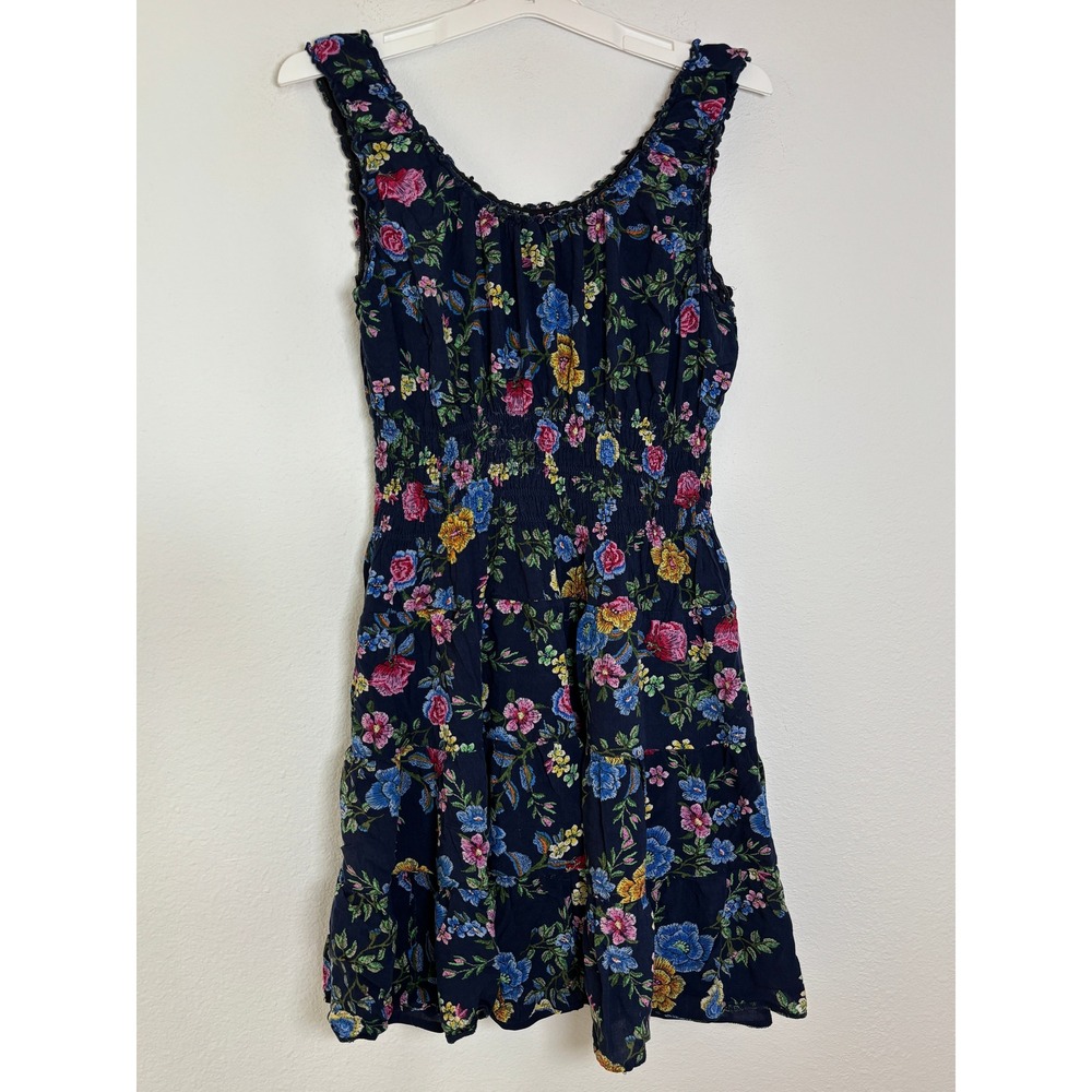 Lapis Navy Floral Smocked Mini Dress XL Boho Cottagecore Button Front